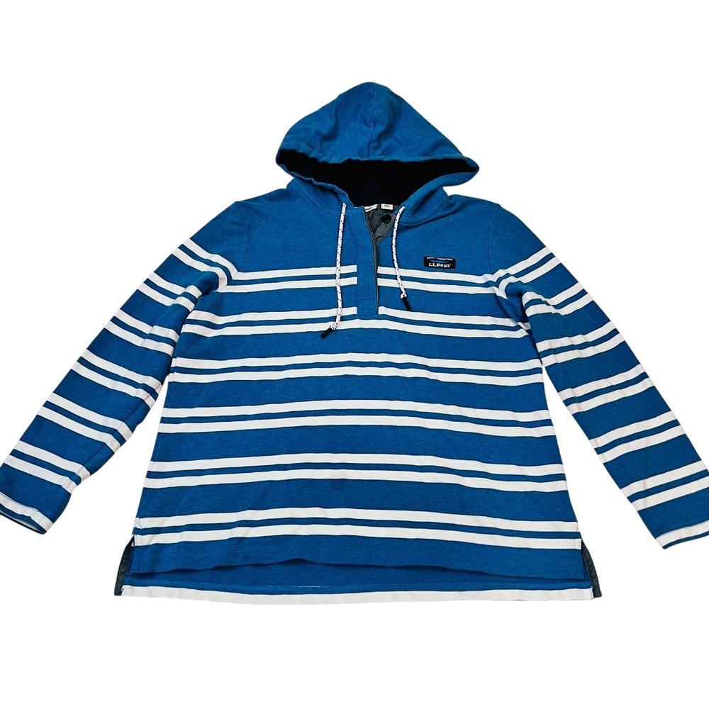 L.L. Bean Blue White Striped Hooded Sweatshirt Women's Large Petite